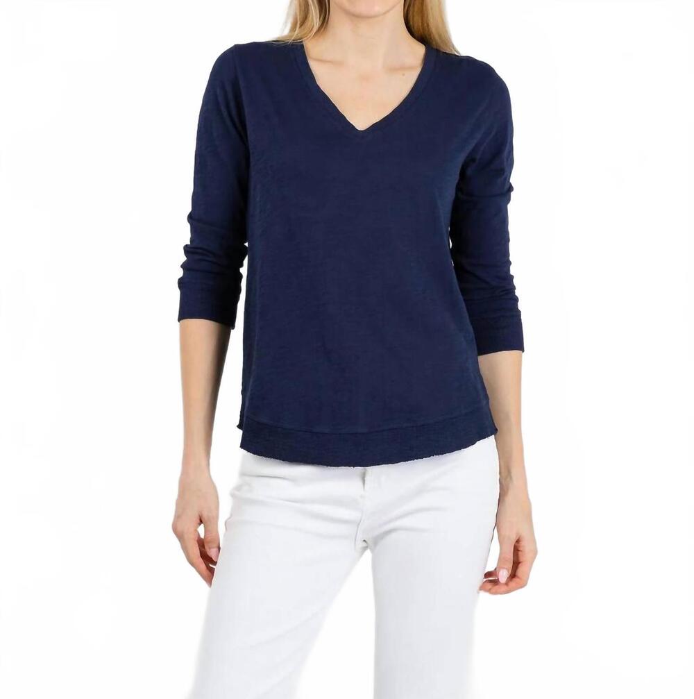 NEW ELLIOTT LAUREN silvie rib three-quarter sleeve v-neck tee in navy